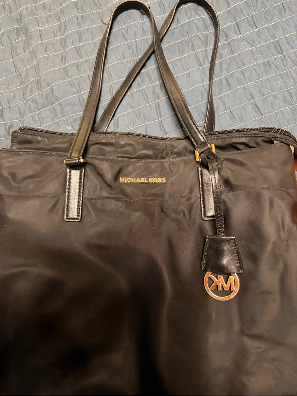 Michael Kors Black Nylon Tote with Gold MK Charm